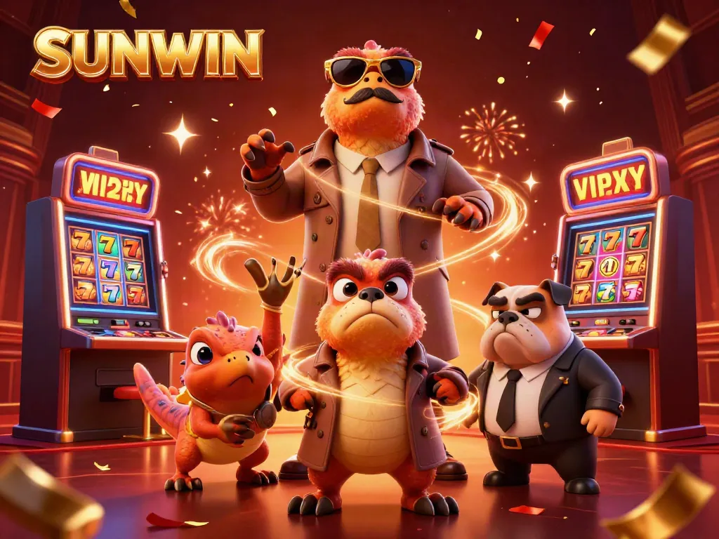 Raptors disguised as a tall person trying to enter a SUNWIN VIP casino lounge, dynamic and festive.