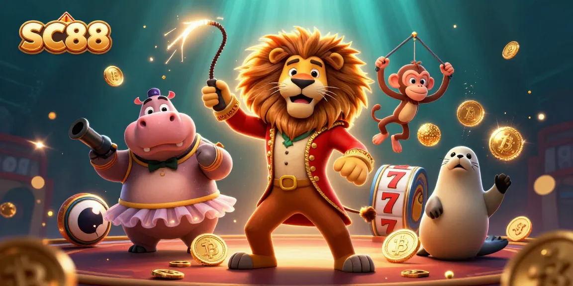 Experience excitement with SC88 as the ringmaster lion leads a vibrant gambling scene with a hippo and monkey.