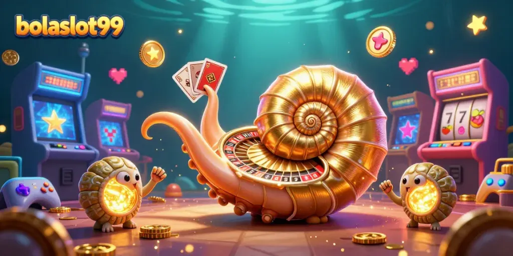 Experience thrilling gameplay at bolaslot99 with a vibrant 3D cartoon casino scene featuring unique characters and elements.