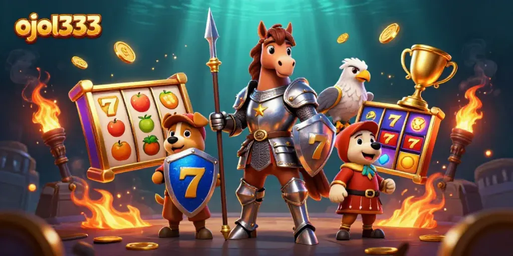 Experience the adventure of ojol333 with medieval knights, slot machines, and golden trophies in an immersive 3D scene.