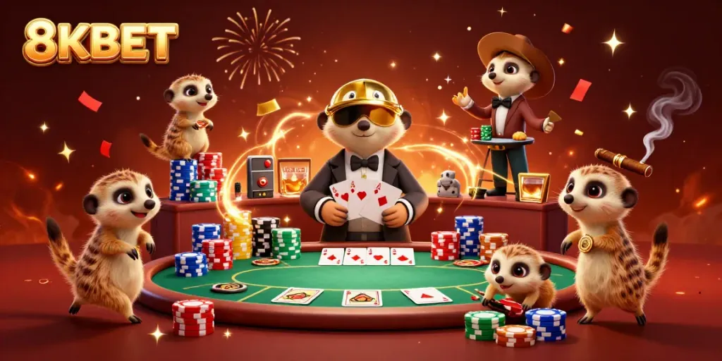 Experience the vibrant energy of 8KBET with cartoon meerkats celebrating a big win at the casino.