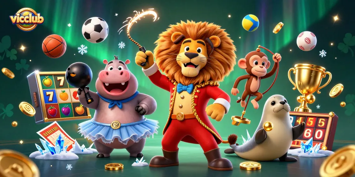 Engage with vicclub in this vibrant 3D cartoon scene showcasing thrilling casino elements and lively characters.