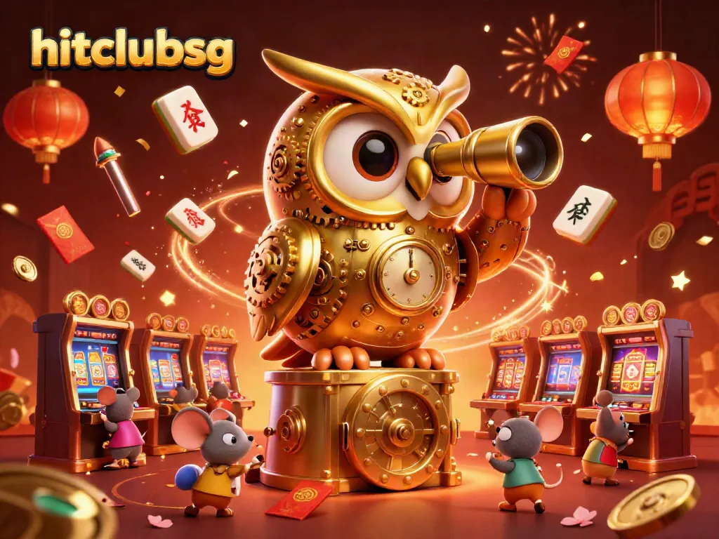 Engage with hitclubsg's vibrant casino atmosphere featuring a golden owl and festive elements.