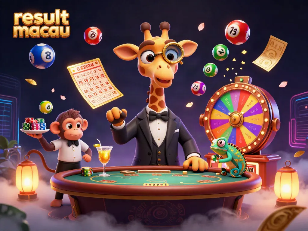 Engage in result macau excitement with vibrant lottery balls and casino characters in a dynamic digital illustration.