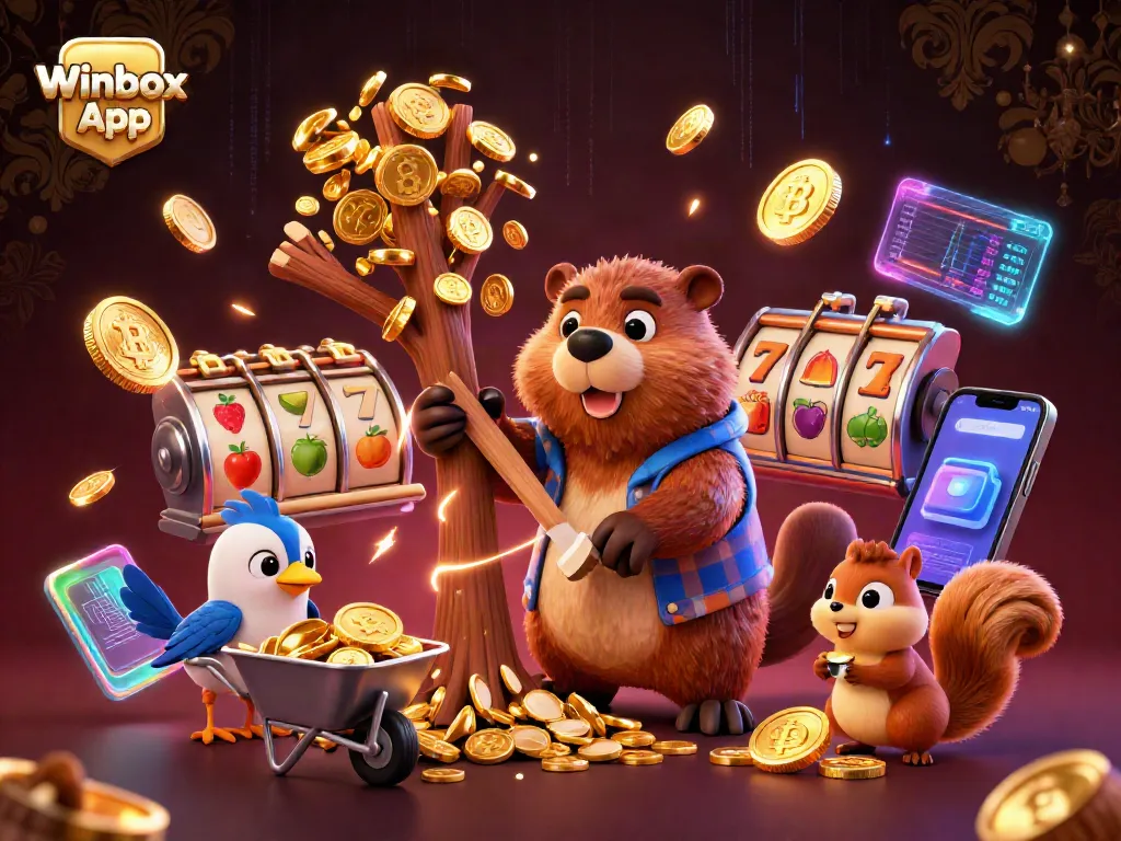 Engage in thrilling gameplay with the Winbox App, as characters collect golden coins in a dynamic casino scene.