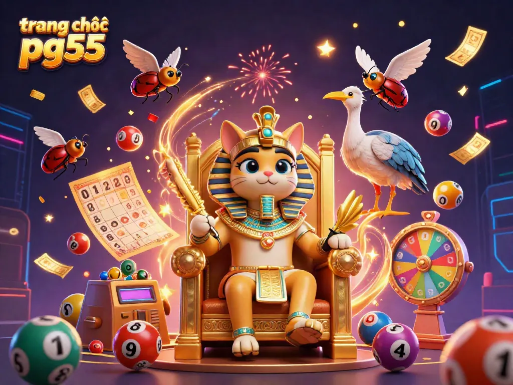 Experience excitement at trang chủ pg55 with colorful lottery balls, golden tickets, and a vibrant gaming atmosphere.
