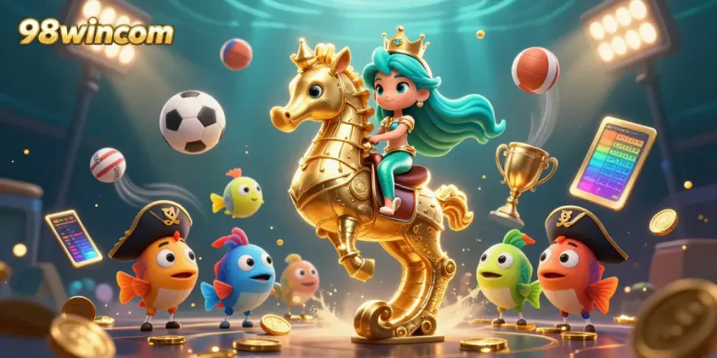 Experience the excitement of 98wincom with a vibrant underwater gambling scene featuring a mermaid and seahorse.