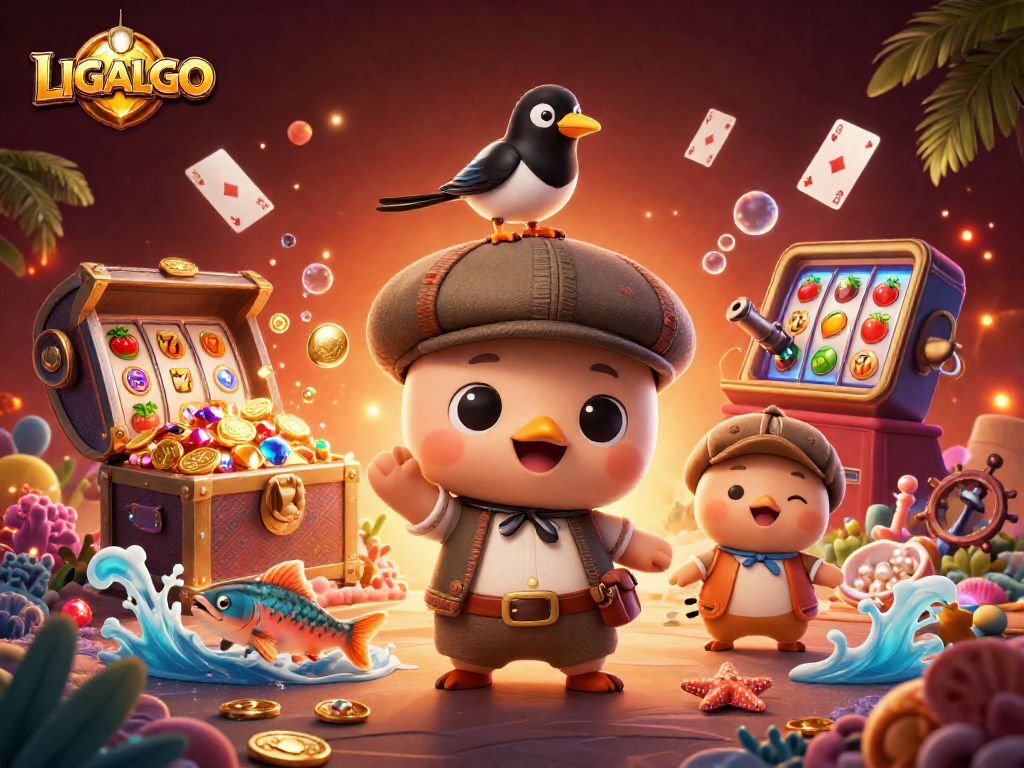 LIGALGO showcases an engaging casino adventure with cartoon characters in a vibrant, underwater scene.
