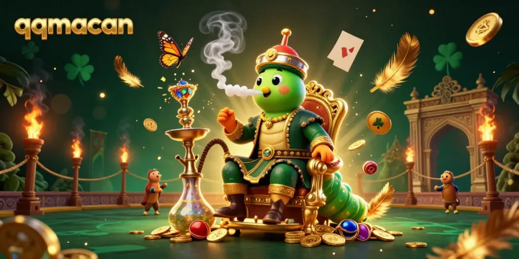 Engage with qqmacan's vibrant casino scene featuring a hookah-master and golden casino symbols.