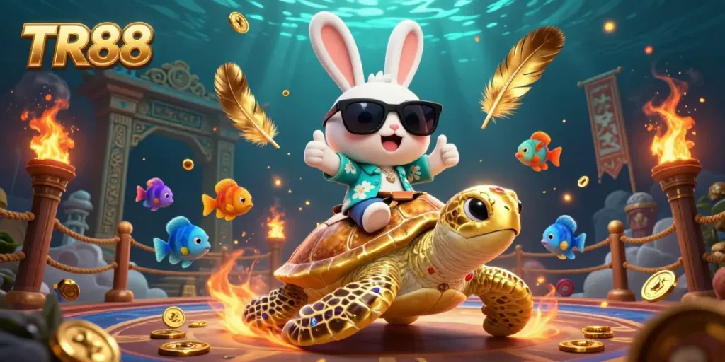TR88's lucky rabbit enjoys a vibrant underwater adventure with a golden sea turtle amidst playful betting elements.