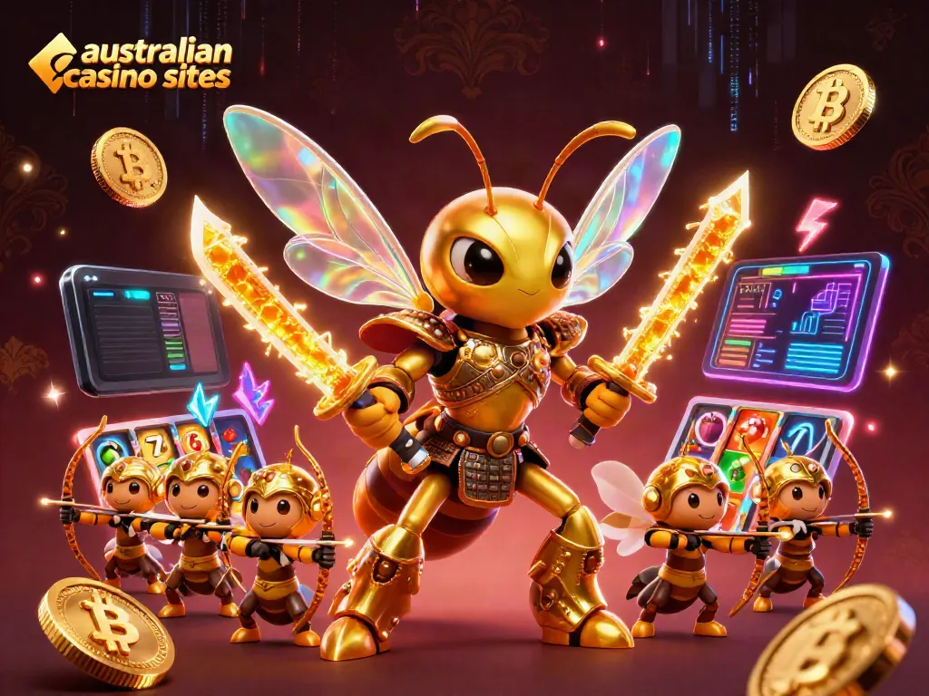 Engage with top australian casino sites in vibrant illustration featuring a samurai hornet and bee archers.