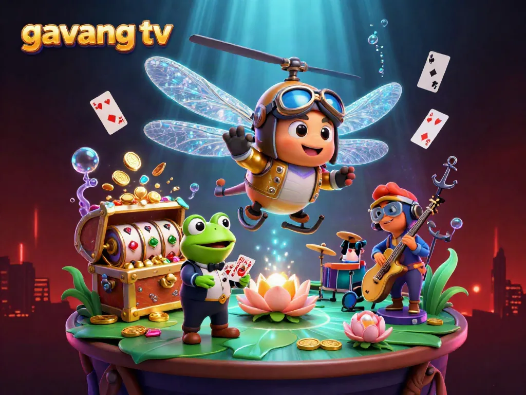 Experience exotic gaming with Gavang TV's dynamic dragonfly pilot and frog dealer in this vibrant casino scene.