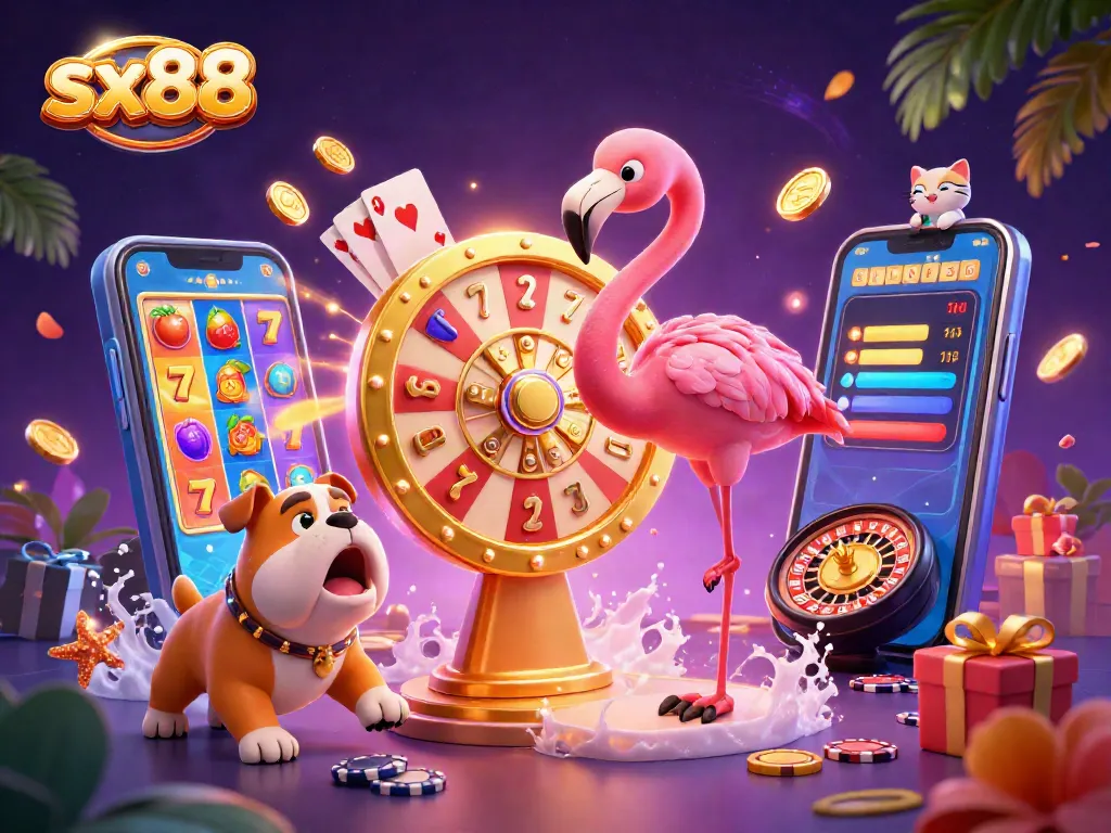 Spin the sx88 prize wheel with exciting casino characters in a vibrant, colorful scene.