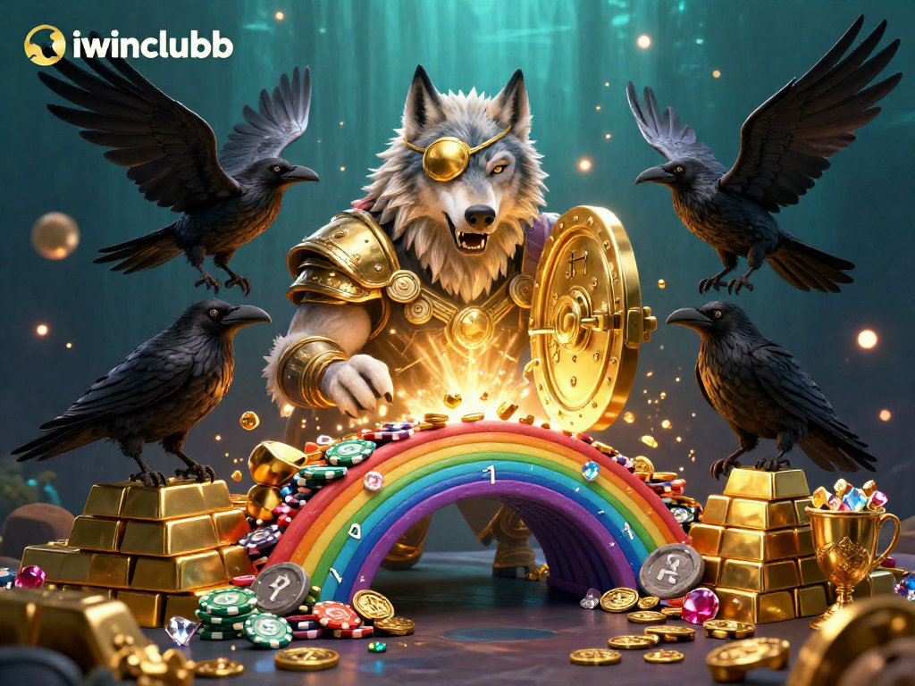 Engage with iwinclubb's exciting casino world, featuring an Odin wolf and ravens amidst vibrant treasures and casino chips.