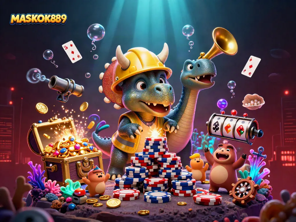Celebrate winning at MASKOKI889 with vibrant characters and exciting casino elements.