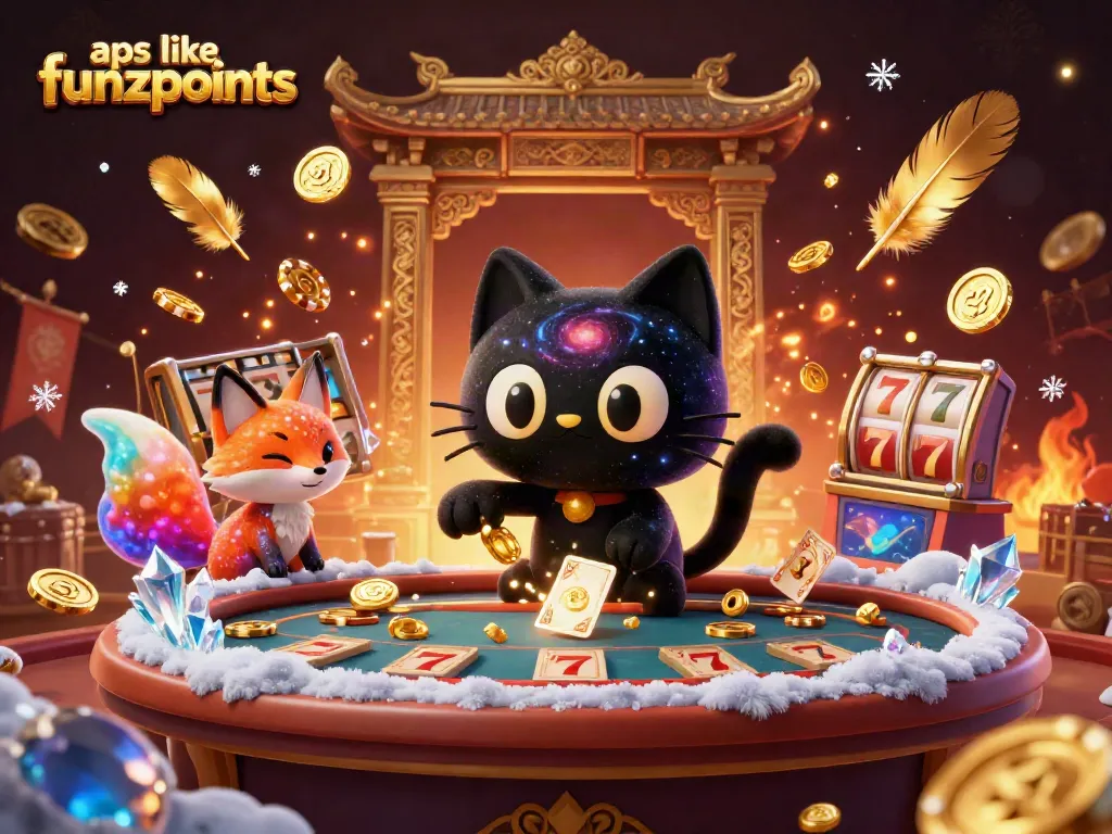 Engage with top apps like funzpoints in this dynamic cosmic casino illustration featuring gold coins and a captivating black hole cat.