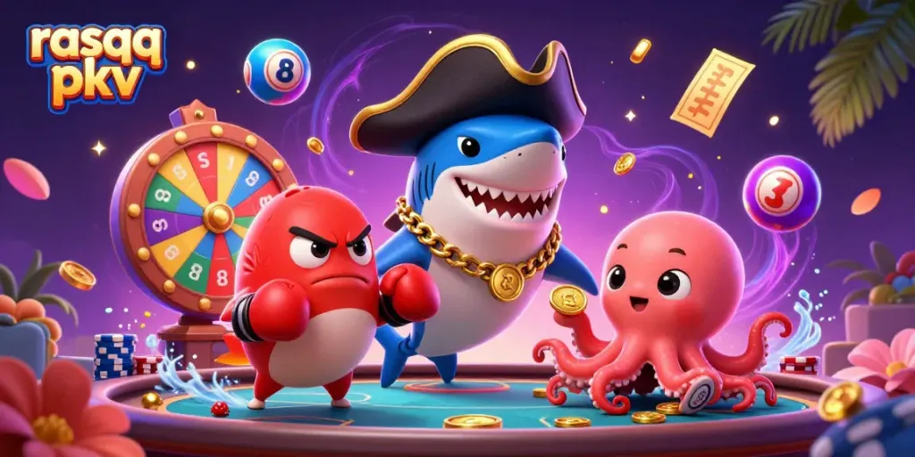 Engage in thrilling fun with rasqq pkv, featuring a vibrant scene of casino characters and dynamic gaming elements.