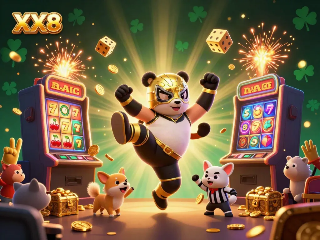 Experience the excitement of XX8 with cartoon characters in a vibrant casino scene celebrating a jackpot!
