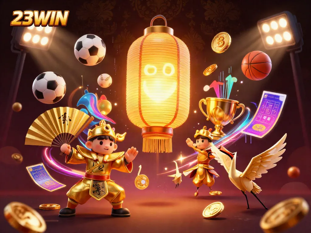 23WIN casino spirit floats above a vibrant night market, surrounded by sports elements and golden symbols.