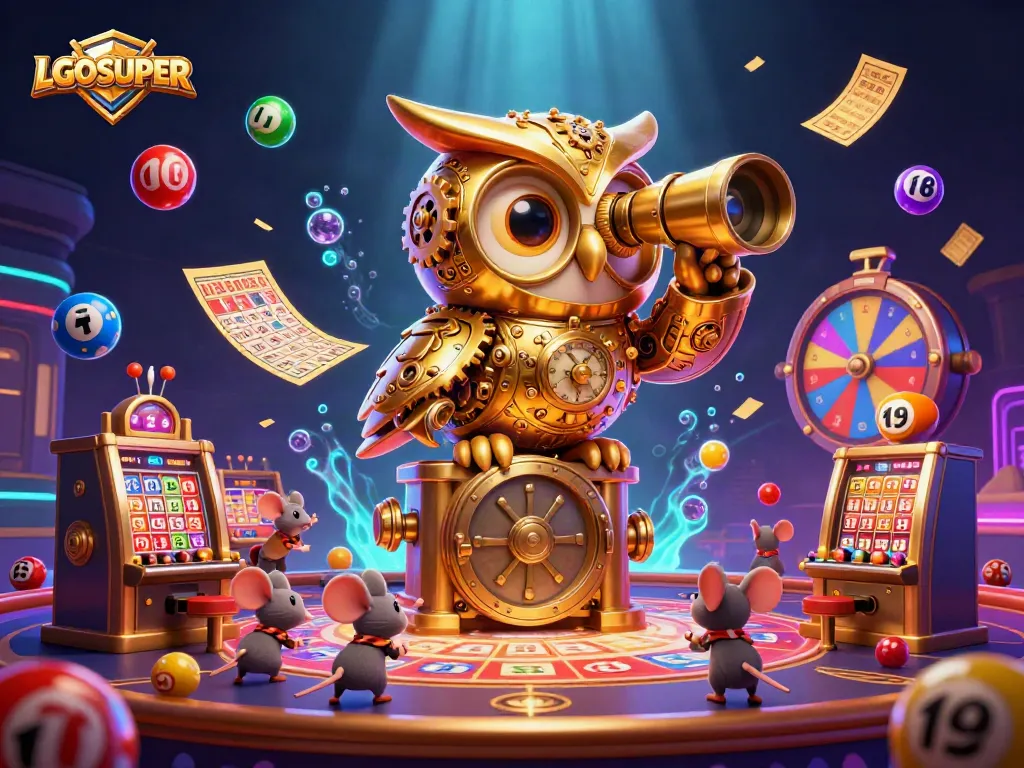 Engage with LGOSUPER in an exciting casino scene, featuring vibrant lottery elements and a captivating golden owl.