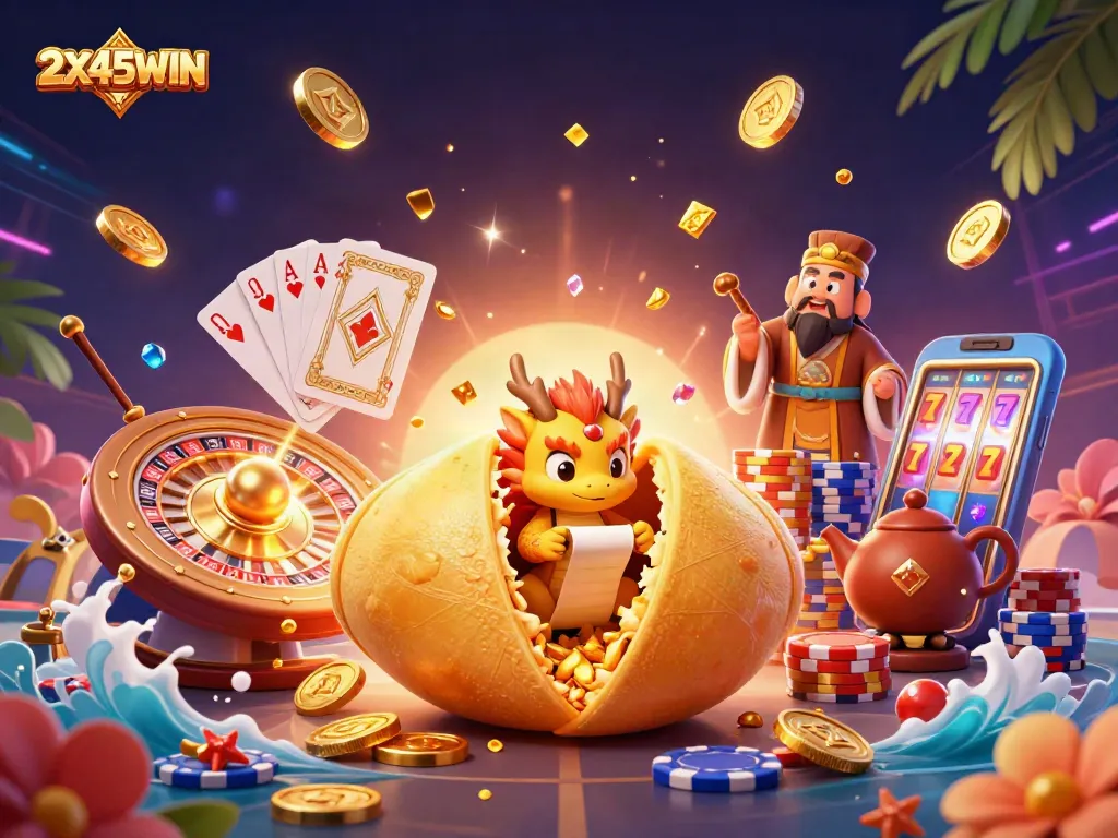 Menangkan keberuntungan dalam 2X45WIN dengan ilustrasi slot dan karakter menarik yang menunjukkan sifat kasino.