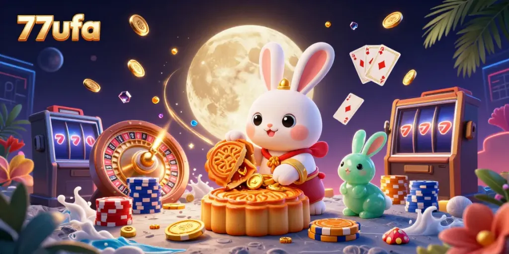 Spin to win at 77ufa with vibrant gaming elements and a lucky moon rabbit illustration.