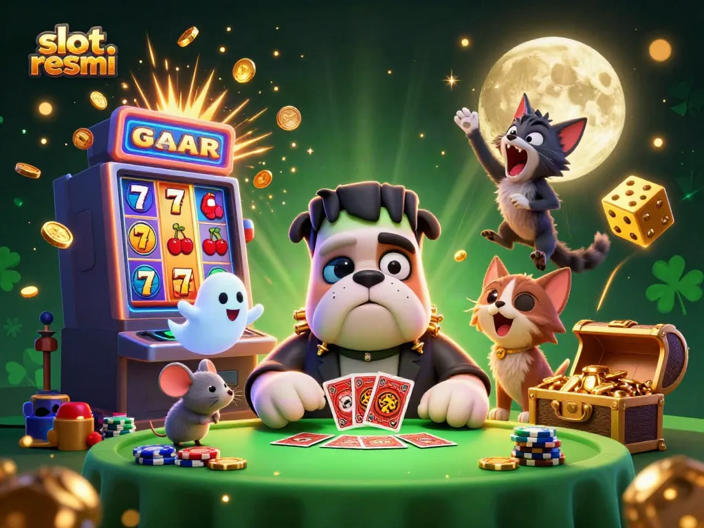 Experience lively gameplay at a slot resmi table featuring a Frankenstein bulldog dealer with jackpot excitement.