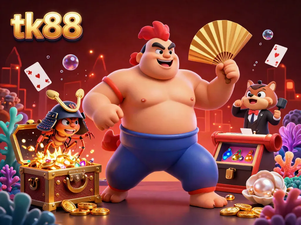Celebrate winning moments in tk88's vibrant casino world with a dynamic scene featuring a sumo rooster, samurai cricket, and tanuki announcer.