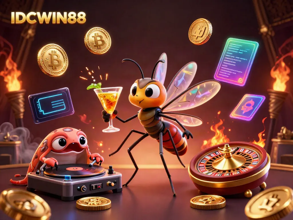 Experience the thrill of IDCWIN88 with a vibrant 3D illustration showcasing dynamic casino elements.