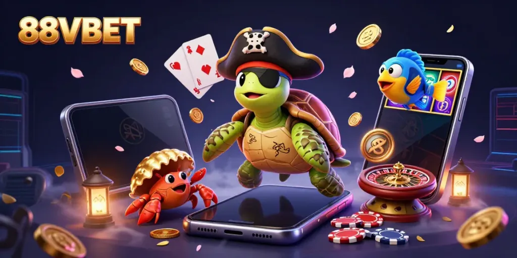 Experience thrilling gaming action with a vibrant 88VBET scene featuring a pirate turtle and treasure.