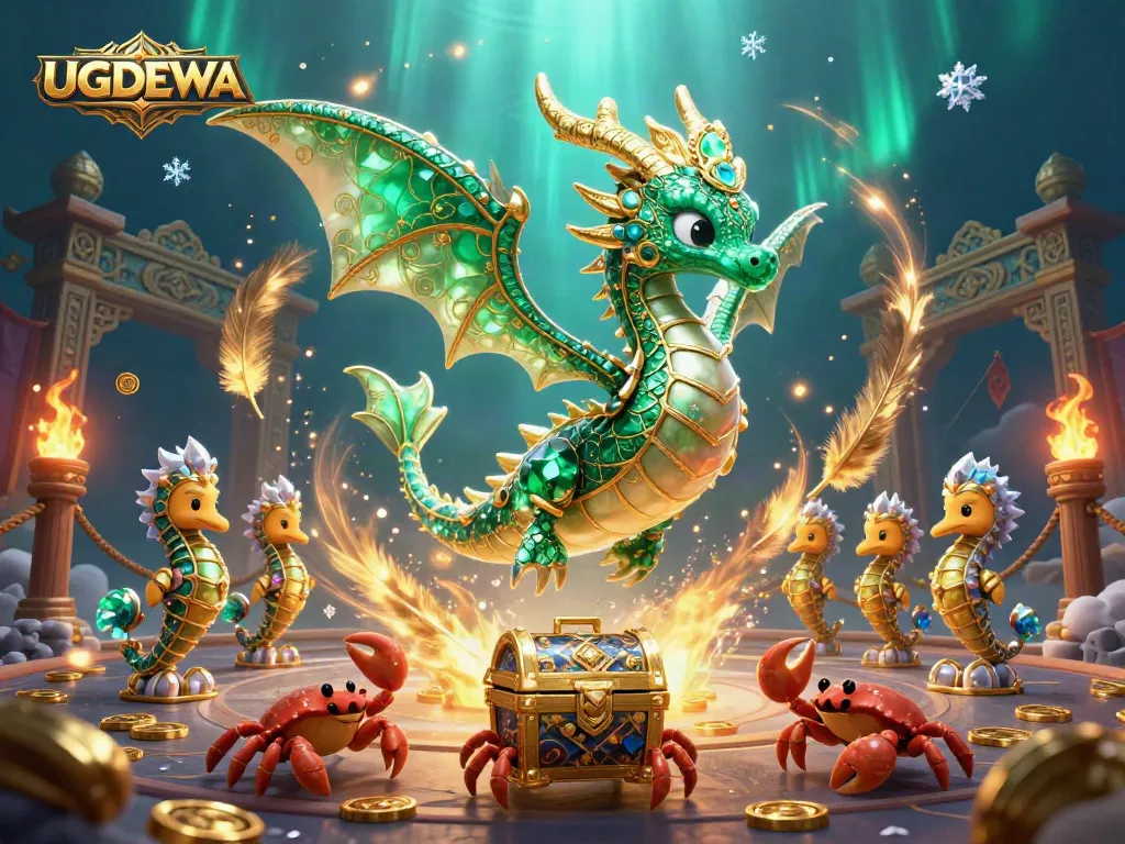 Engage with UGDEWA's dynamic casino atmosphere illustrated through a 3D dragon scene filled with vibrant game elements.