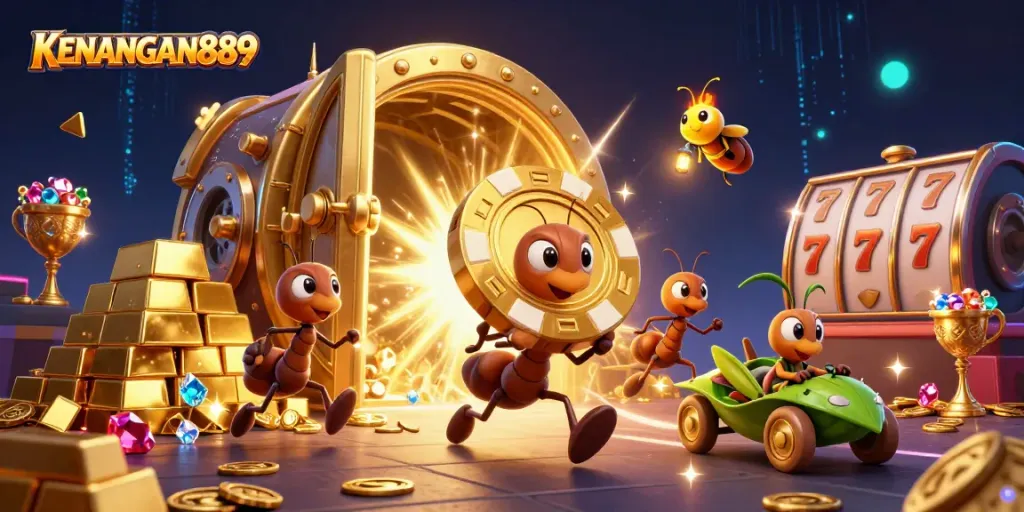 KENANGAN889 shows a team of cartoon ants pulling off a casino heist with vibrant, dynamic elements.