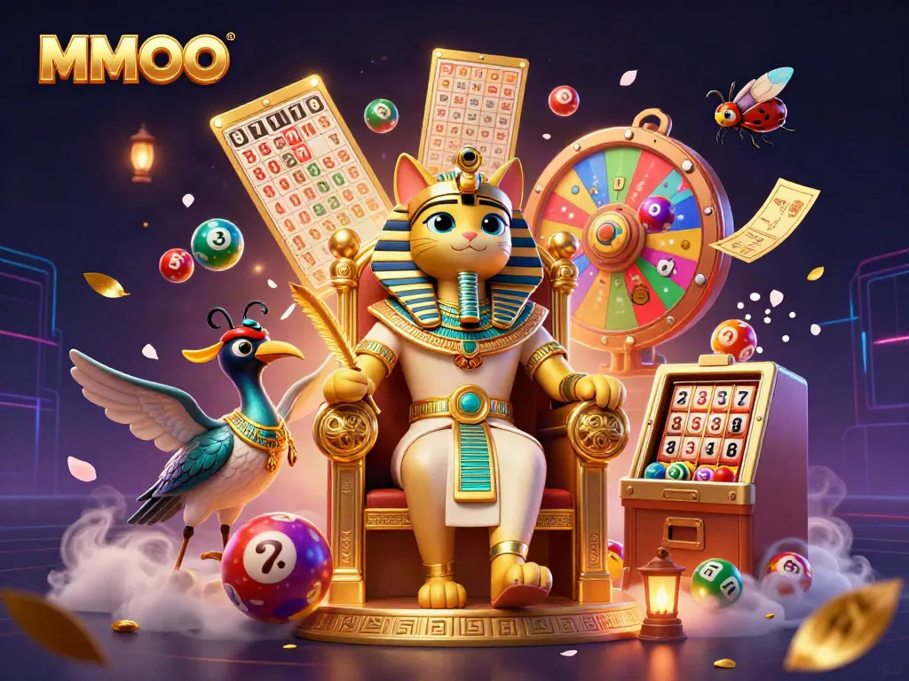 Engage in thrilling gameplay at MMOO with a vibrant scene of Egyptian-themed characters, luxurious gaming elements, and dynamic visuals.