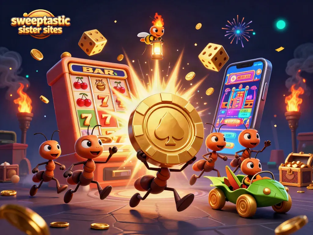 Sweeptastic sister sites showcase a heist with cartoon ants and golden casino symbols