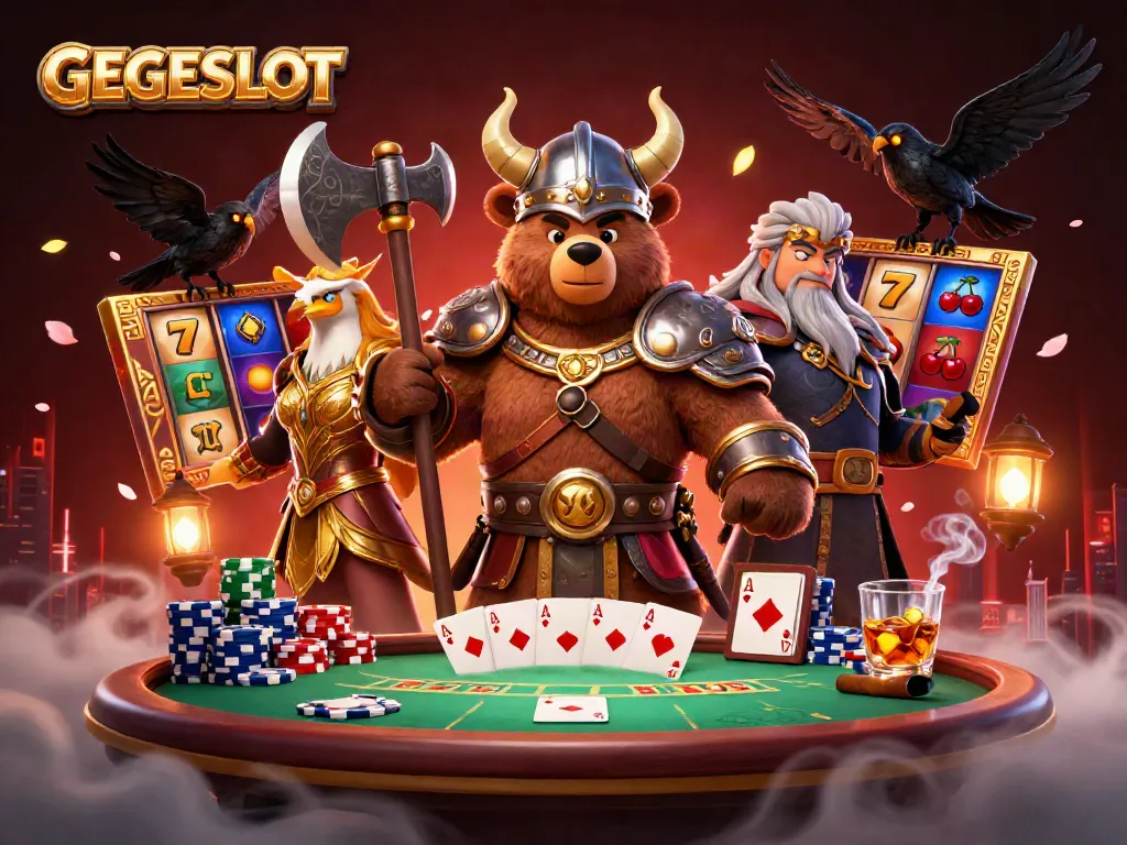 Engage with GEGESLOT's thrilling 3D slot and poker experience featuring vibrant characters and gaming elements.