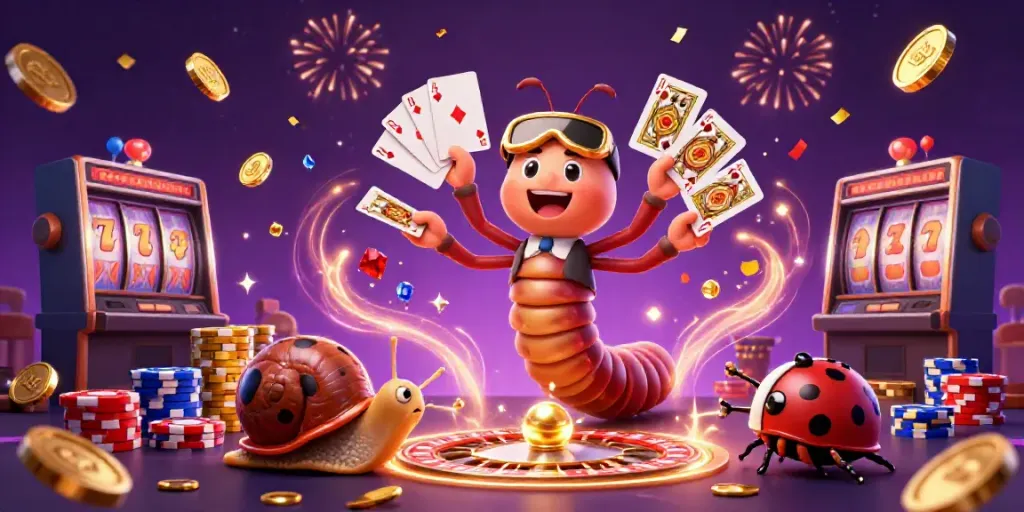 Menangkan slot dengan dealer kartun unik dan chip besar dalam ilustrasi kasino yang meriah.