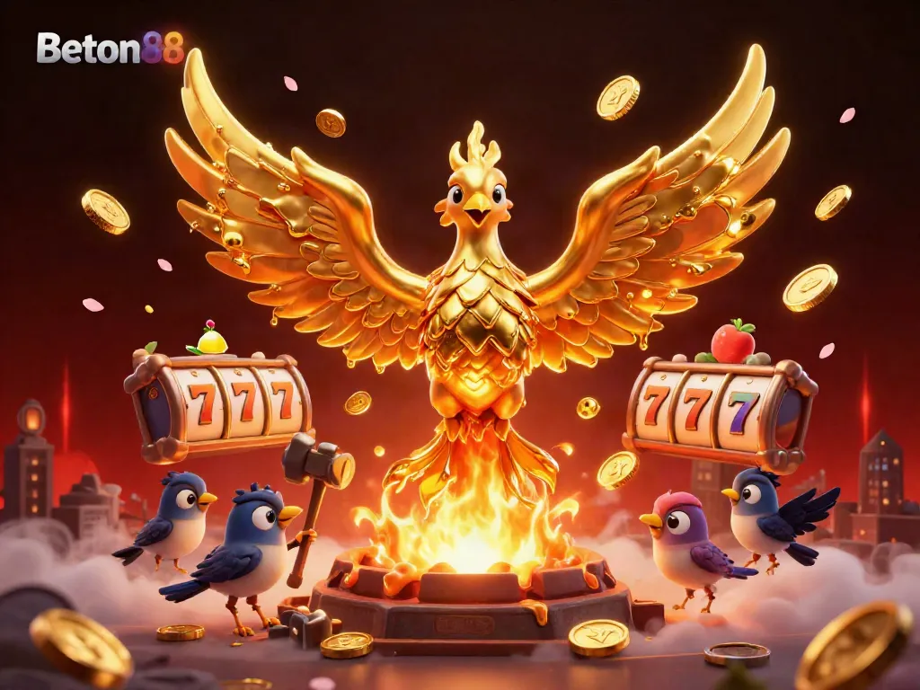 Beton88 menawarkan pengalaman bermain slot online yang seru dengan karakter phoenix emas yang memancarkan koin.
