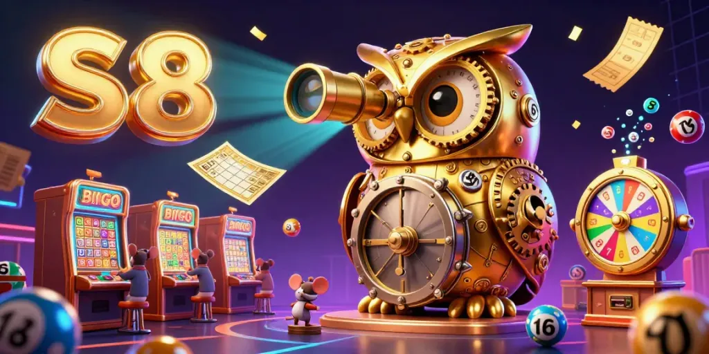 Experience vibrant casino excitement with the S8 platform showcasing a clockwork owl, slot machines, and colorful lottery elements.