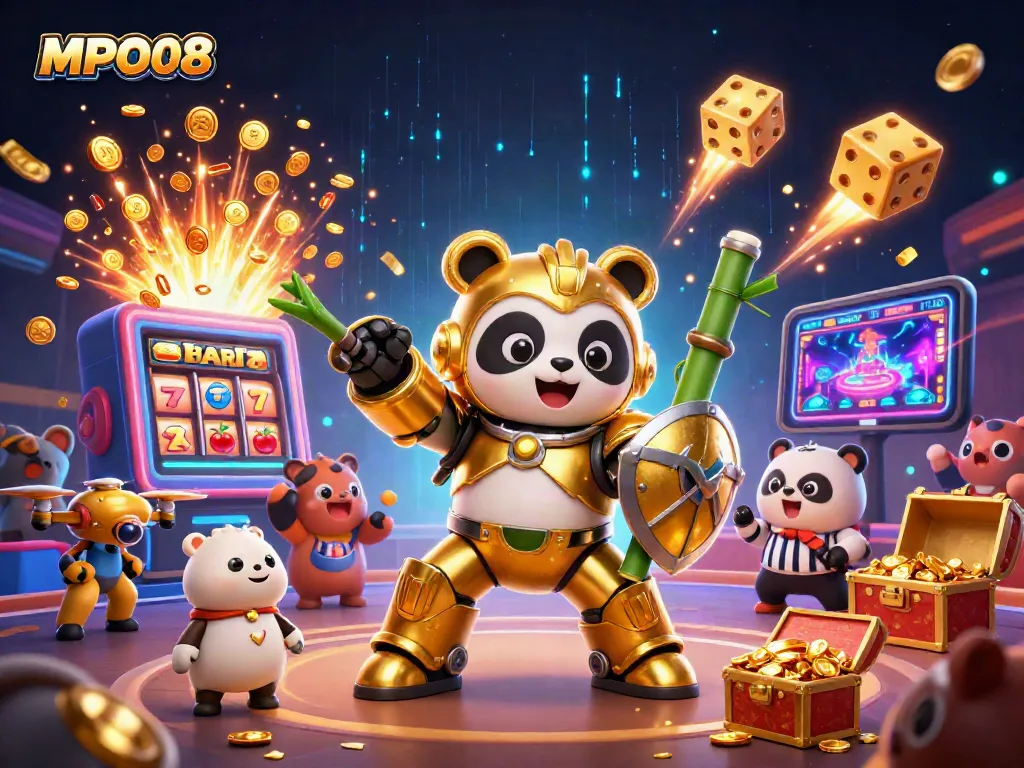 MPO08: Engage in thrilling slots action with vibrant casino elements and a dynamic panda mech scene.