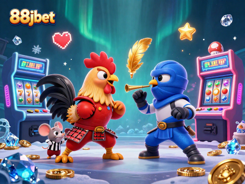 Engage in action with 88jbet's dynamic fight between roosters amidst vibrant gaming elements.