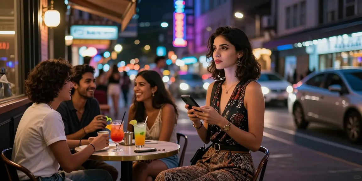 Hình ảnh gái gọi đang chờ bạn bên ngoài quán cà phê với ánh đèn neon rực rỡ.