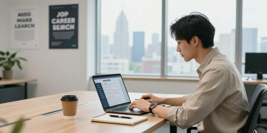 Job seeker reviewing job listings for หางาน in modern office environment