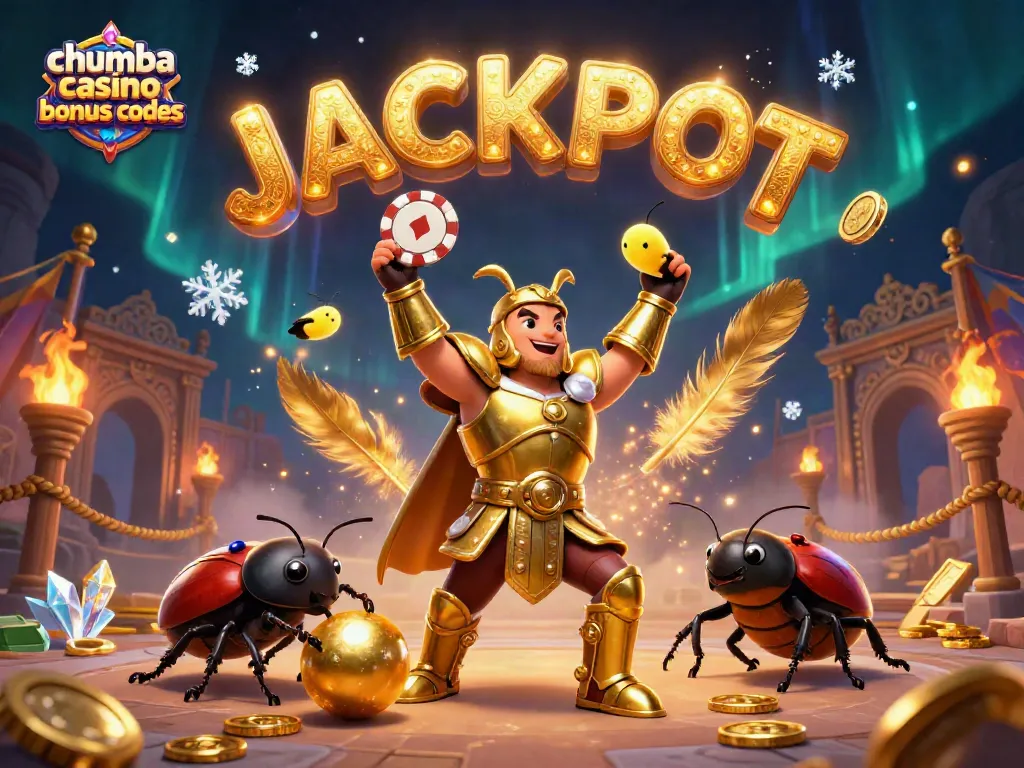 Experience excitement with Chumba Casino bonus codes showcased by a triumphant beetle and sparkling elements.