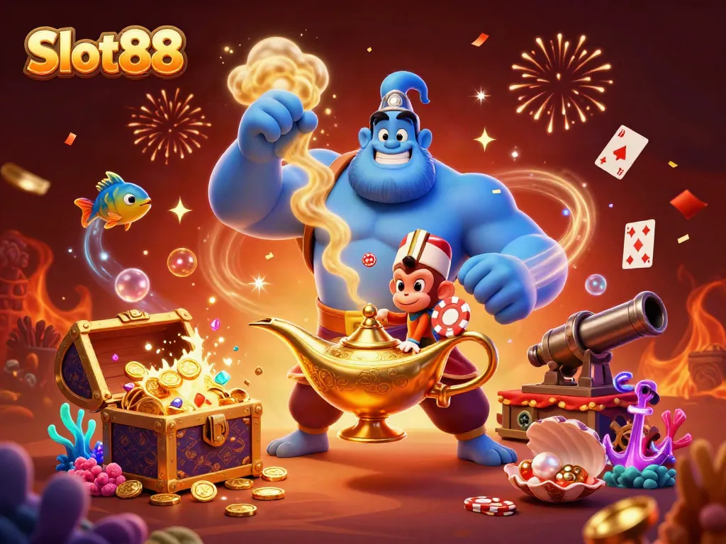 Experience Slot88 thrilling gameplay with a magical genie and vibrant casino elements in this engaging scene.