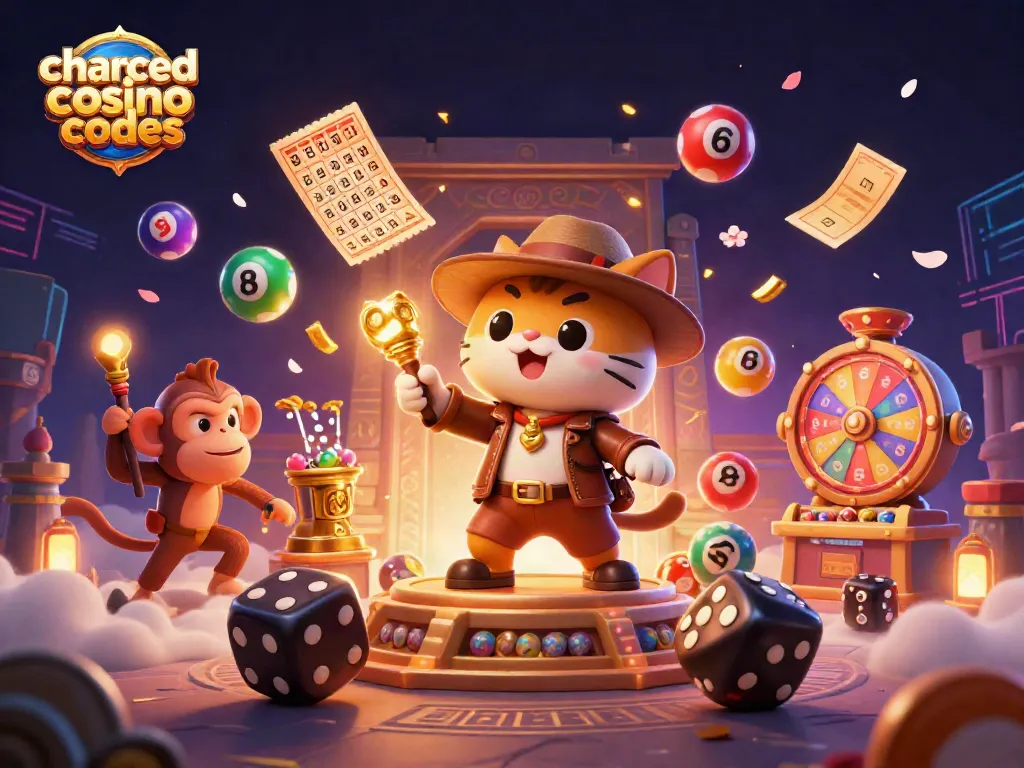 Engage with chanced casino bonus codes in a vibrant scene featuring an archaeologist cat discovering treasures.