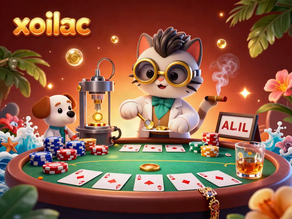 Spark excitement with xoilac as mad scientist cat creates gambling magic amidst colorful poker elements.