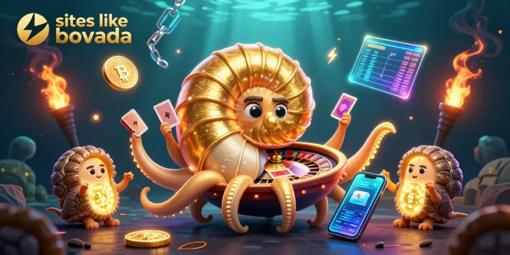 Engage with top sites like Bovada featuring a vibrant casino scene of a glowing nautilus and cryptocurrency elements.