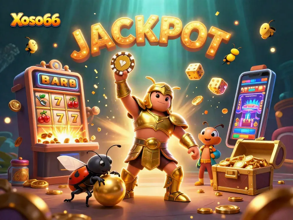 Xoso66 brings luck with a triumphant beetle winning poker chips in a vibrant casino scene