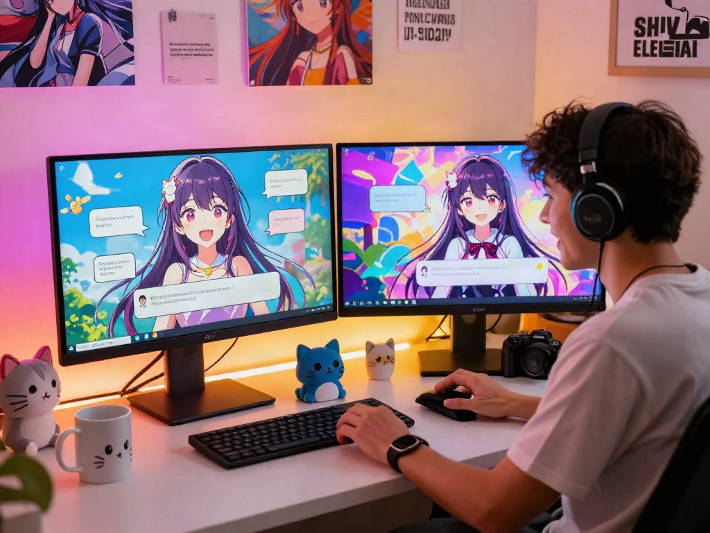 Engaging scene of a user enjoying hentai ai chat with colorful anime characters and a vibrant creative workspace