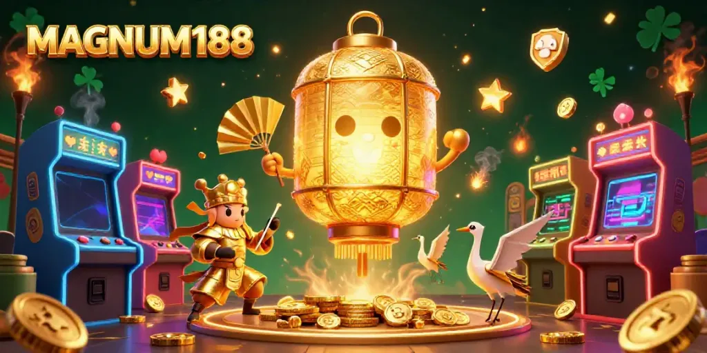 Experience the vibrant world of MAGNUM188, featuring a golden lantern spirit and dynamic casino elements intertwined in an engaging gaming scene.